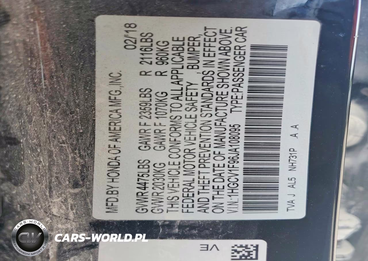 2018 Honda Accord Touring VIN:1HGCV1F96JA108095 - 12