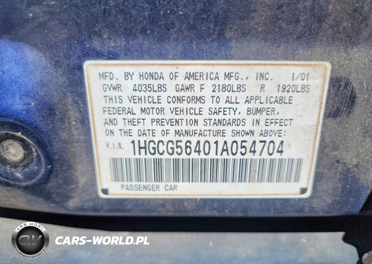 2001 Honda Accord Lx VIN:1HGCG56401A054704 - 12