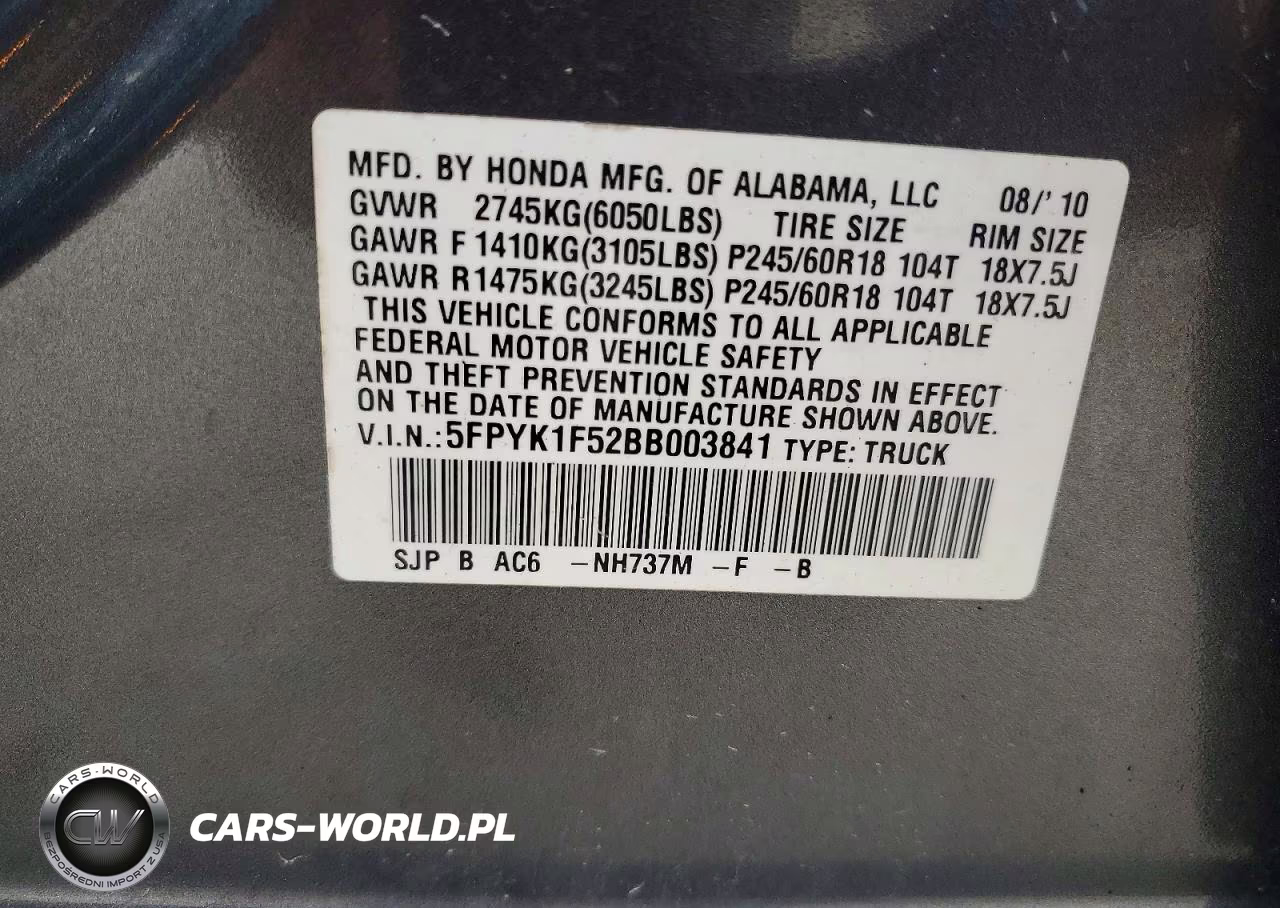 2011 Honda Ridgeline Rtl VIN:5FPYK1F52BB003841 - 12