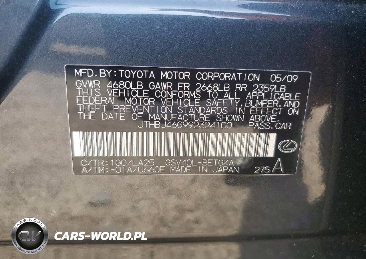 2009 Lexus Es 350 VIN:JTHBJ46G992324100 - 12