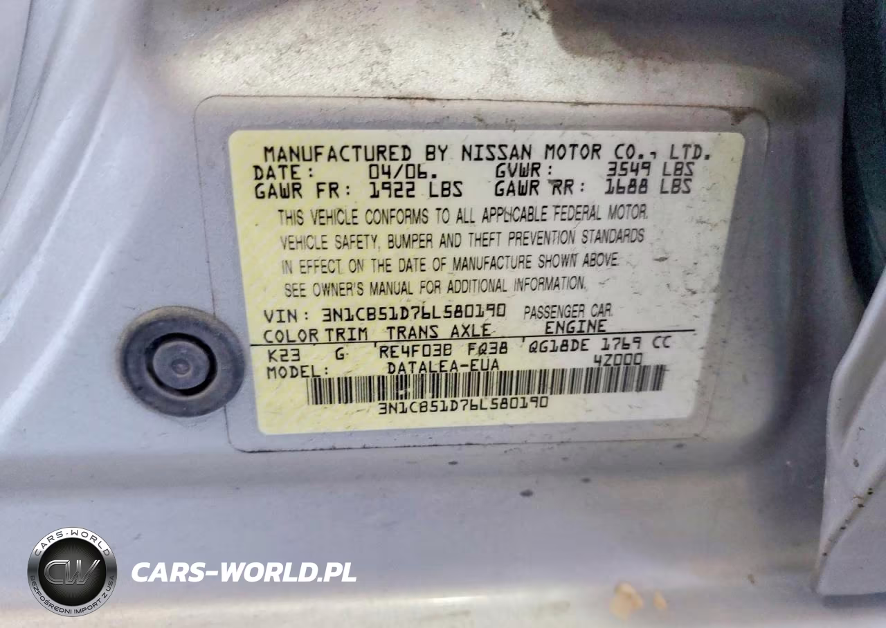 2006 Nissan Sentra 1.8 VIN:3N1CB51D76L580190 - 12