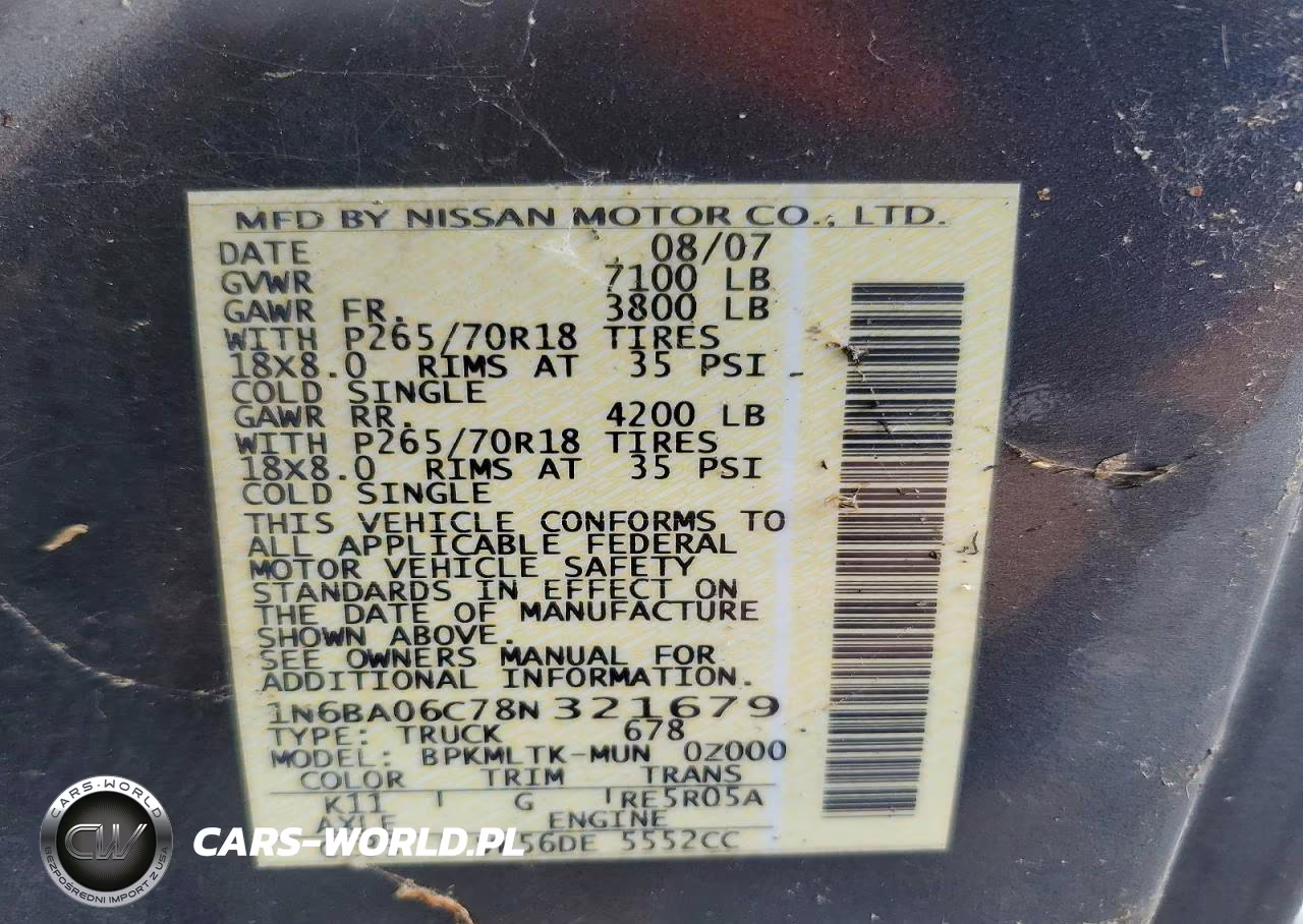 2008 Nissan Titan Xe Ffv VIN:1N6BA06C78N321679 - 12