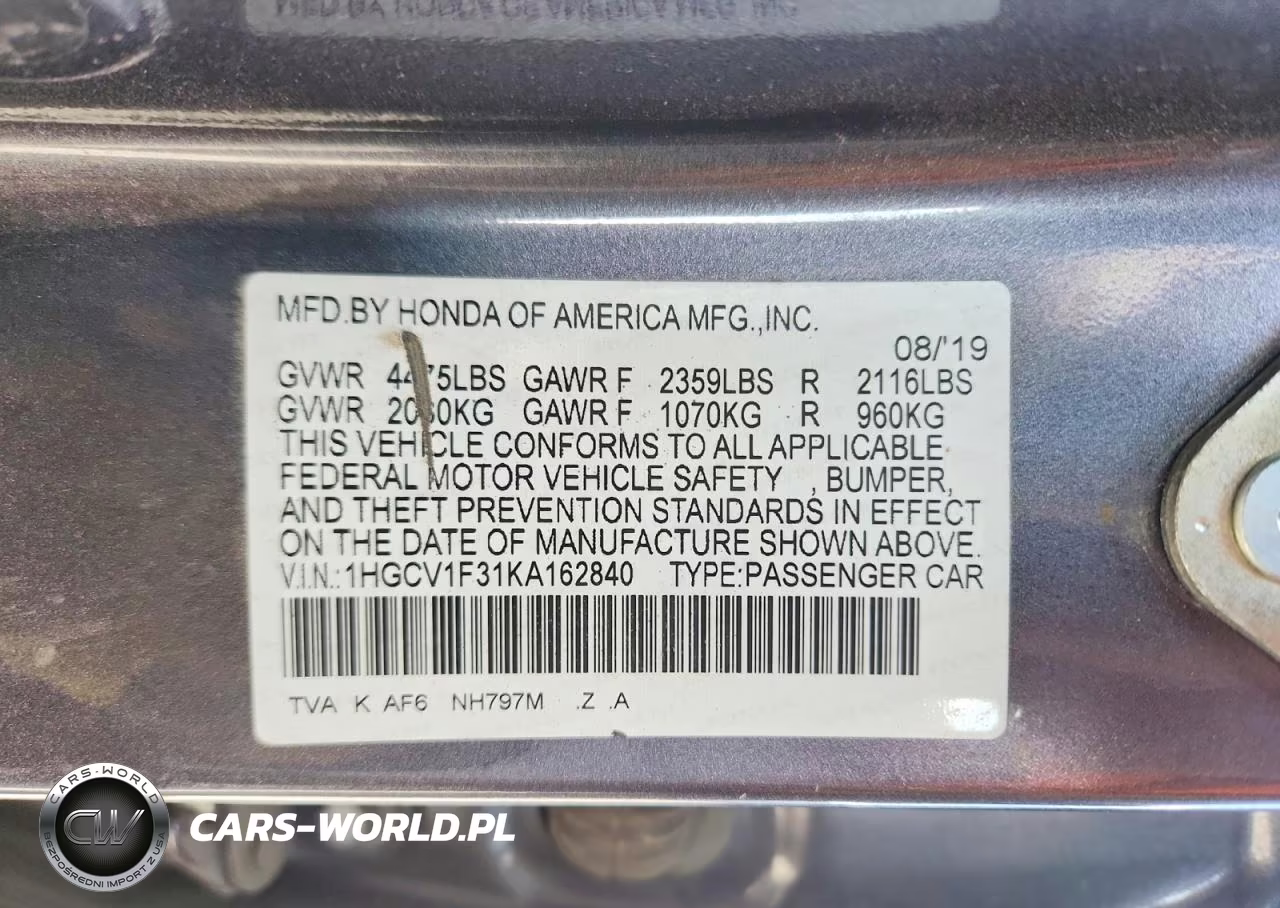 2019 Honda Accord Sport VIN:1HGCV1F31KA162840 - 12