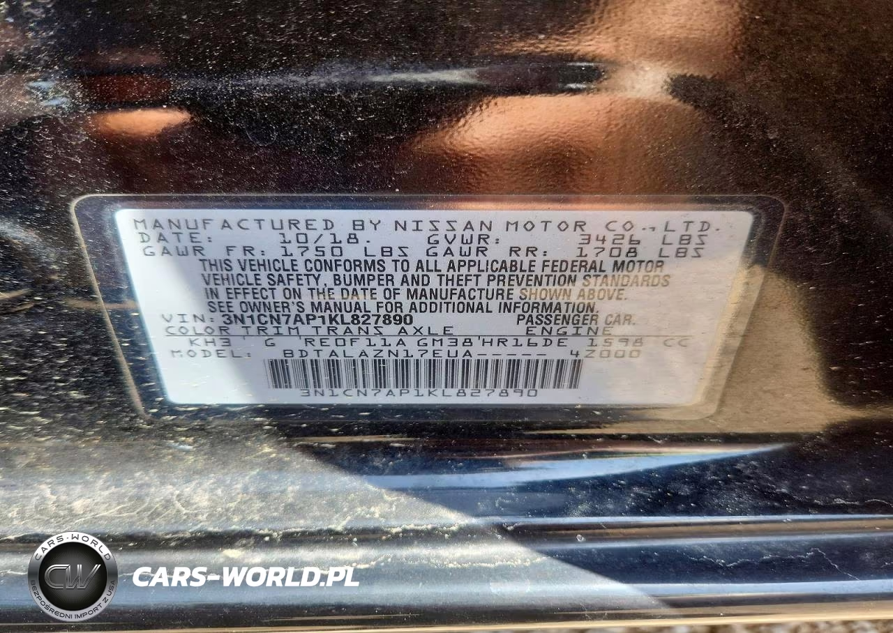 2019 Nissan Versa S Plus VIN:3N1CN7AP1KL827890 - 12