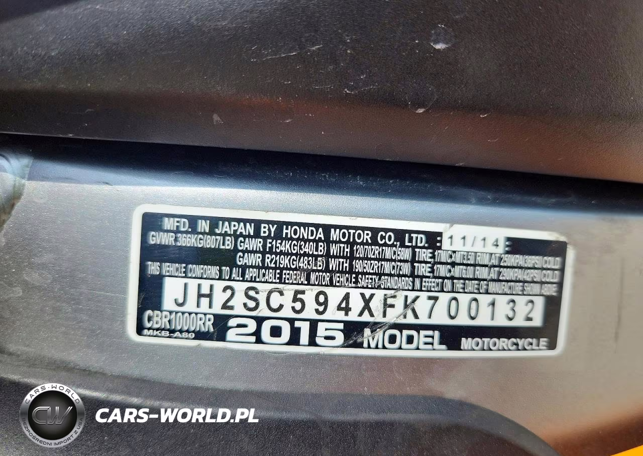 2015 Honda Cbr1000 Rr VIN:JH2SC594XFK700132 - 9