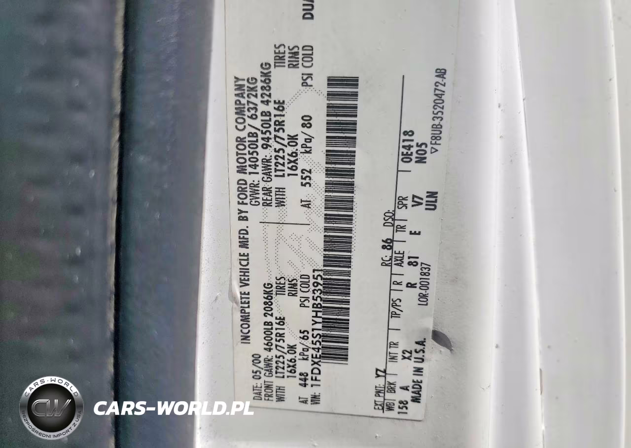 2000 Ford Econoline E450 Super Duty Cutaway Van VIN:1FDXE45S1YHB53951 - 10