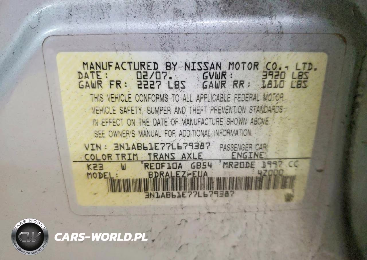 2007 Nissan Sentra 2.0 VIN:3N1AB61E77L679387 - 12