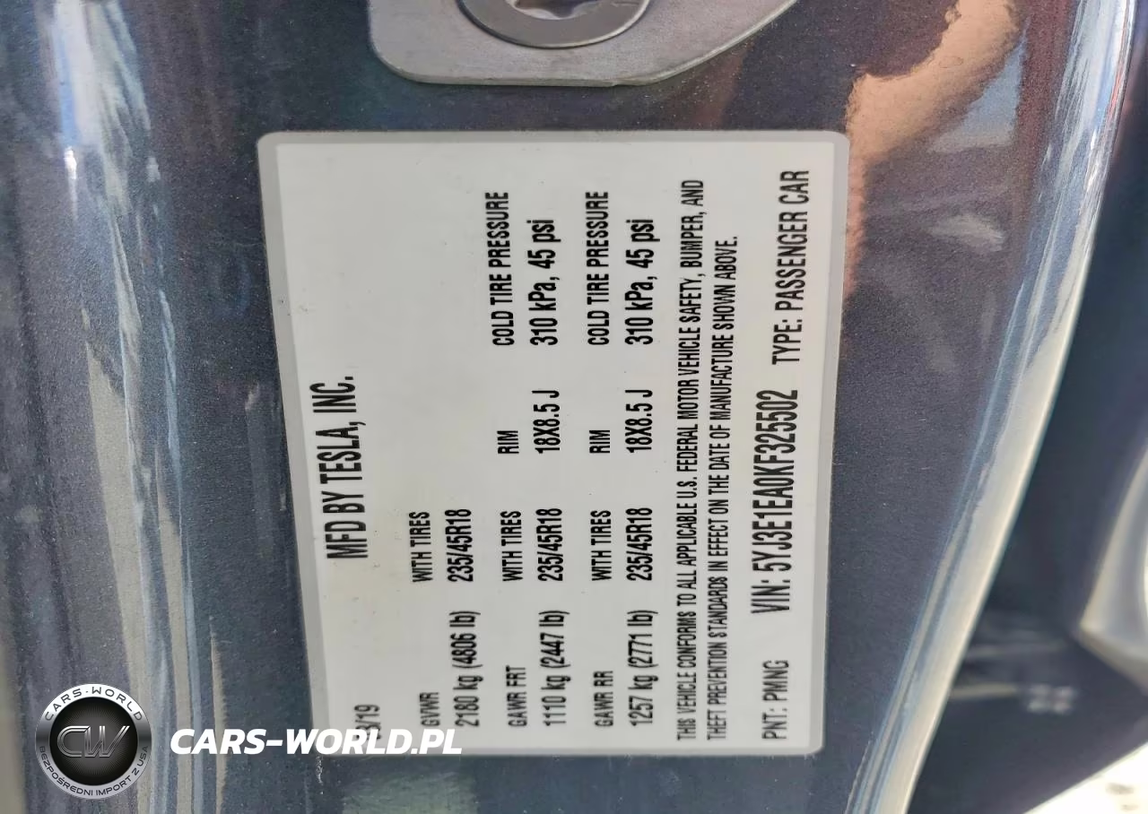 2019 Tesla Model 3 VIN:5YJ3E1EA0KF325502 - 12