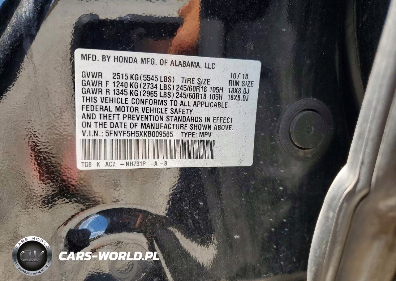 2019 Honda Pilot Exl VIN:5FNYF5H5XKB009565 - 13
