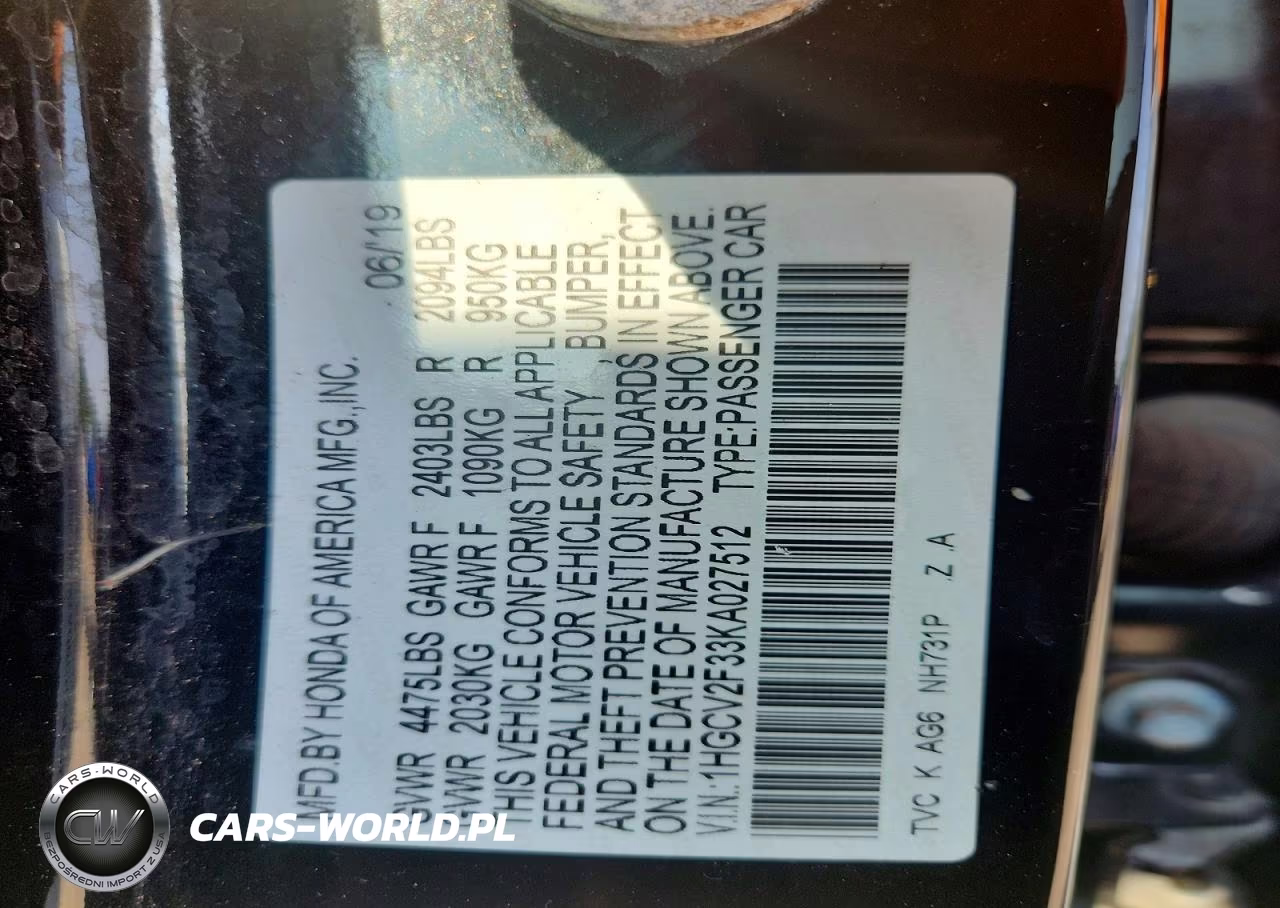 2019 Honda Accord Sport VIN:1HGCV2F33KA027512 - 12