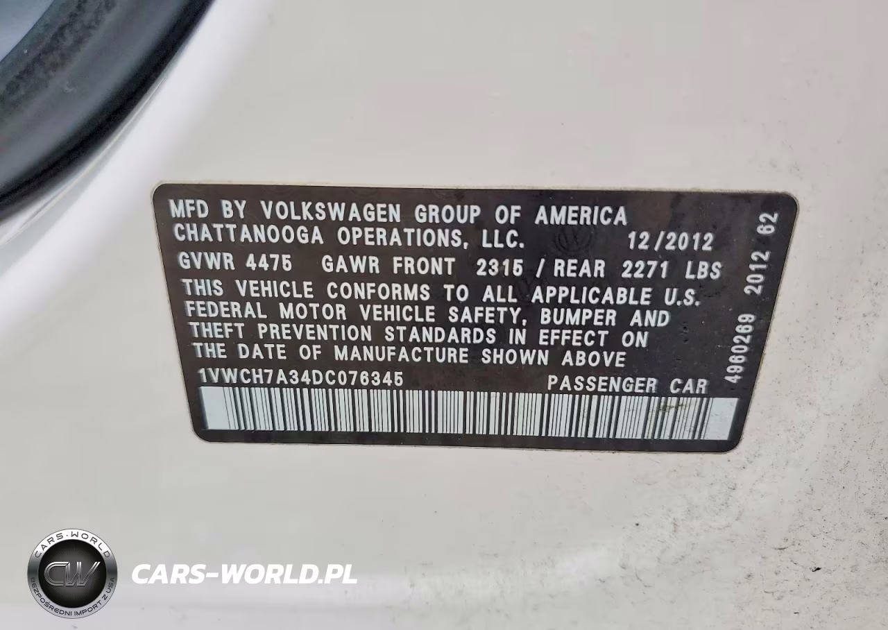 2013 Volkswagen Passat Sel VIN:1VWCH7A34DC076345 - 12