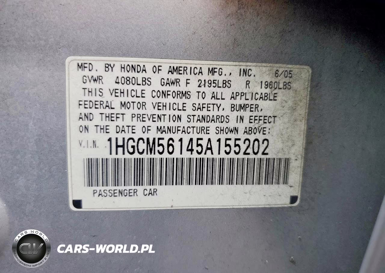 2005 Honda Accord Dx VIN:1HGCM56145A155202 - 12
