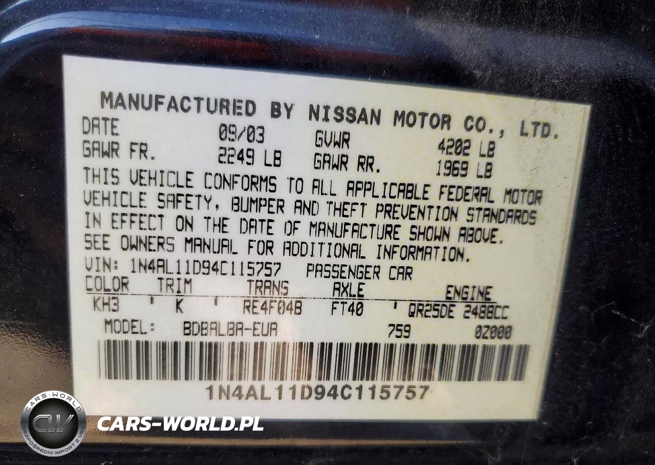 2004 Nissan Altima 2.5 VIN:1N4AL11D94C115757 - 12