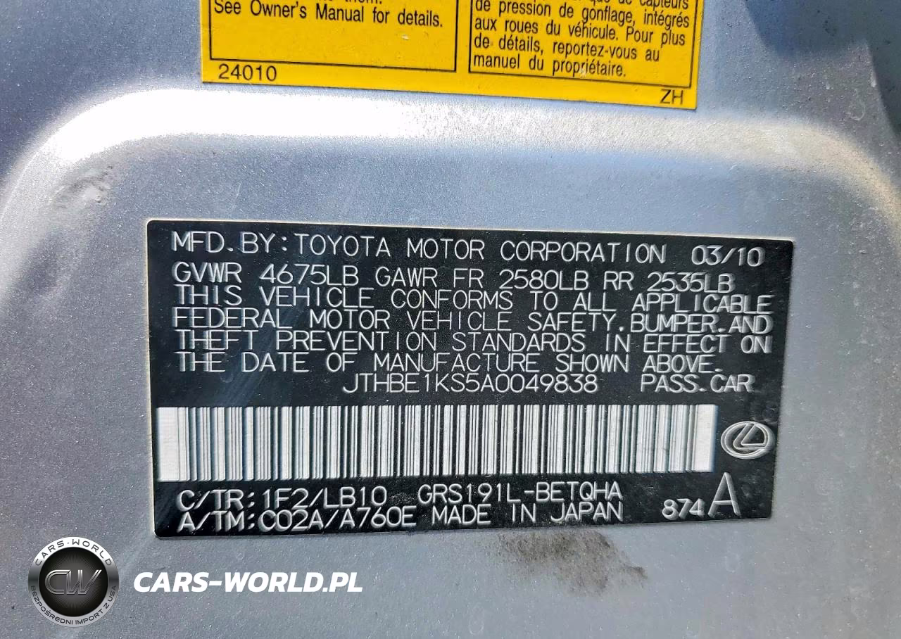 2010 Lexus Gs 350 VIN:JTHBE1KS5A0049838 - 12