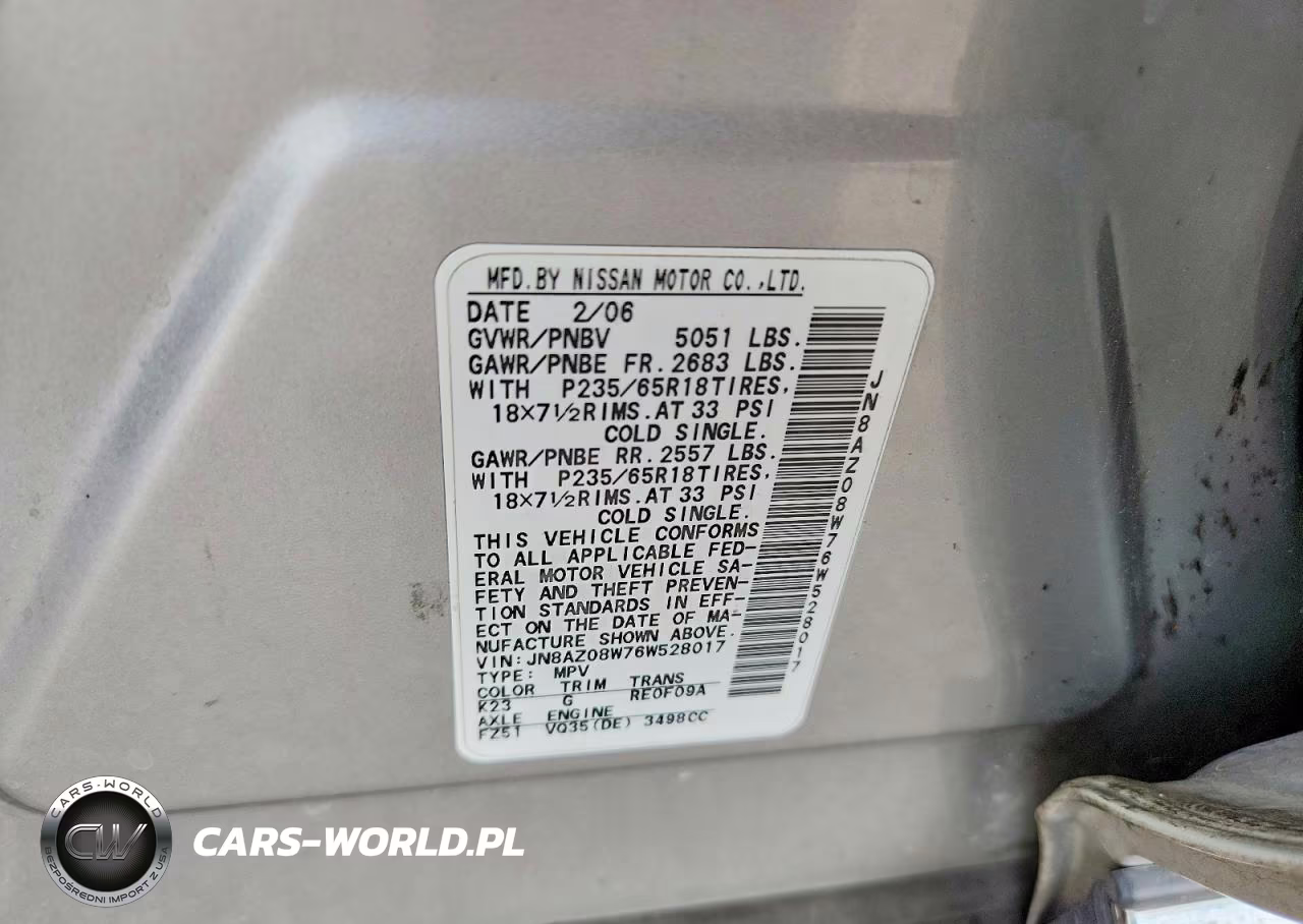 2006 Nissan Murano S VIN:JN8AZ08W76W528017 - 12