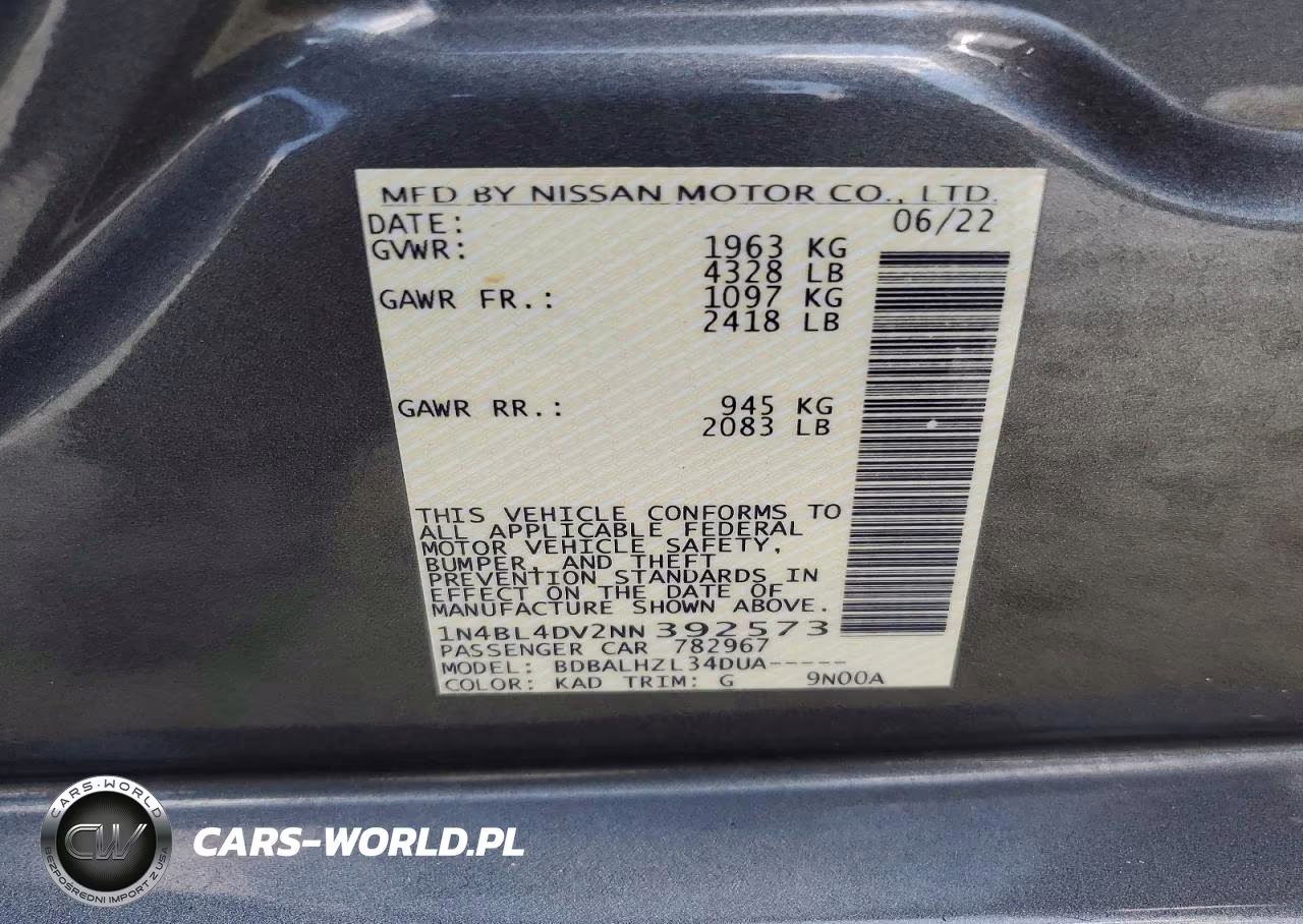 2022 Nissan Altima Sv VIN:1N4BL4DV2NN392573 - 12