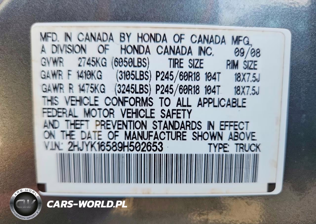 2009 Honda Ridgeline Rtl VIN:2HJYK16589H502653 - 13