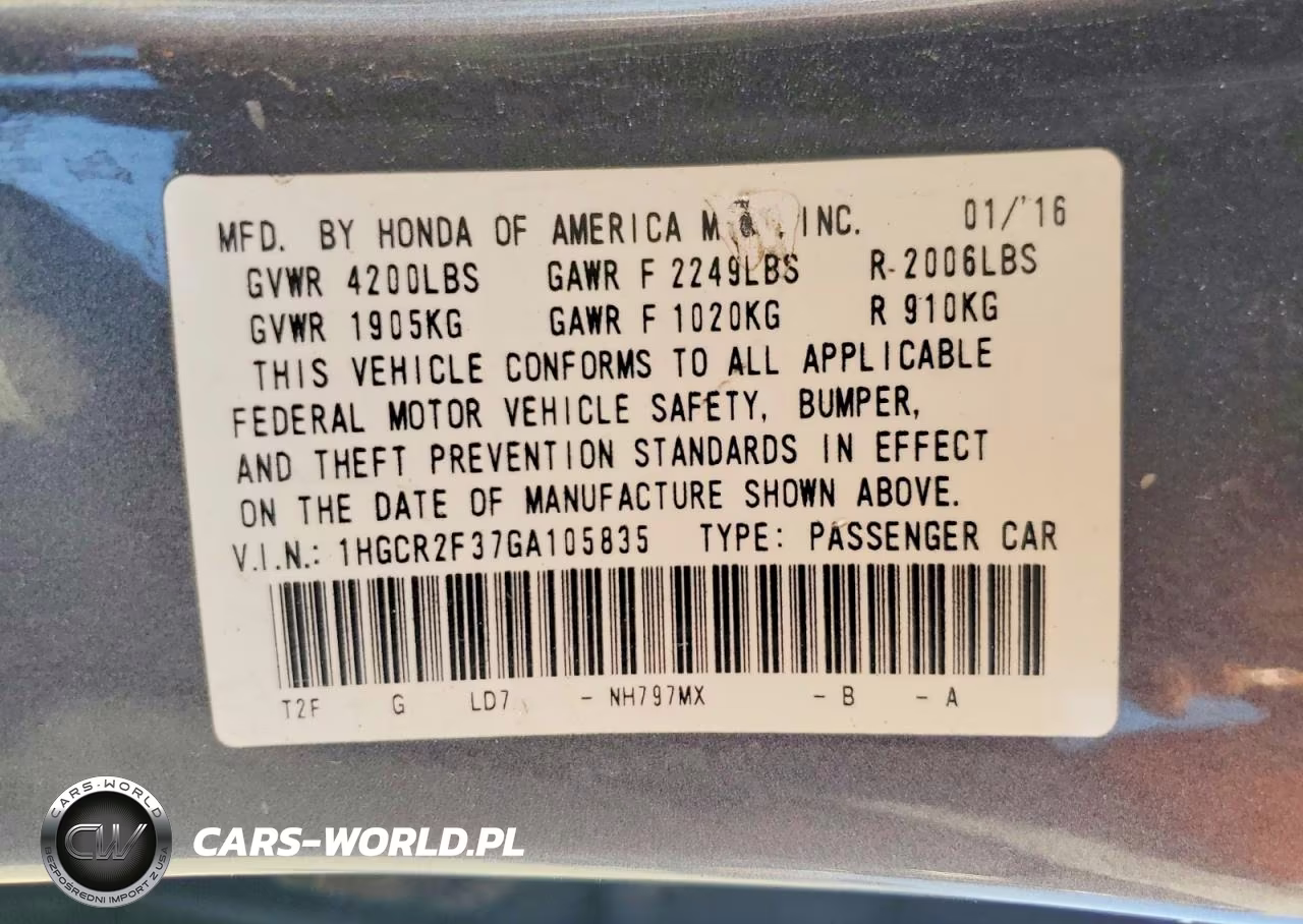 2016 Honda Accord Lx VIN:1HGCR2F37GA105835 - 12