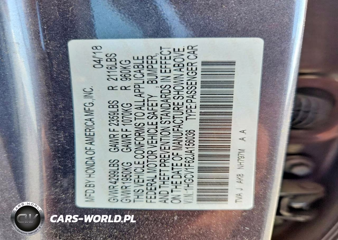 2018 Honda Accord Exl VIN:1HGCV1F62JA156036 - 12