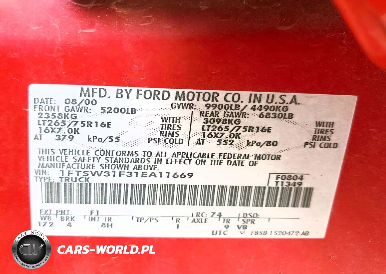 2001 Ford F350 Srw Super Duty VIN:1FTSW31F31EA11669 - 12