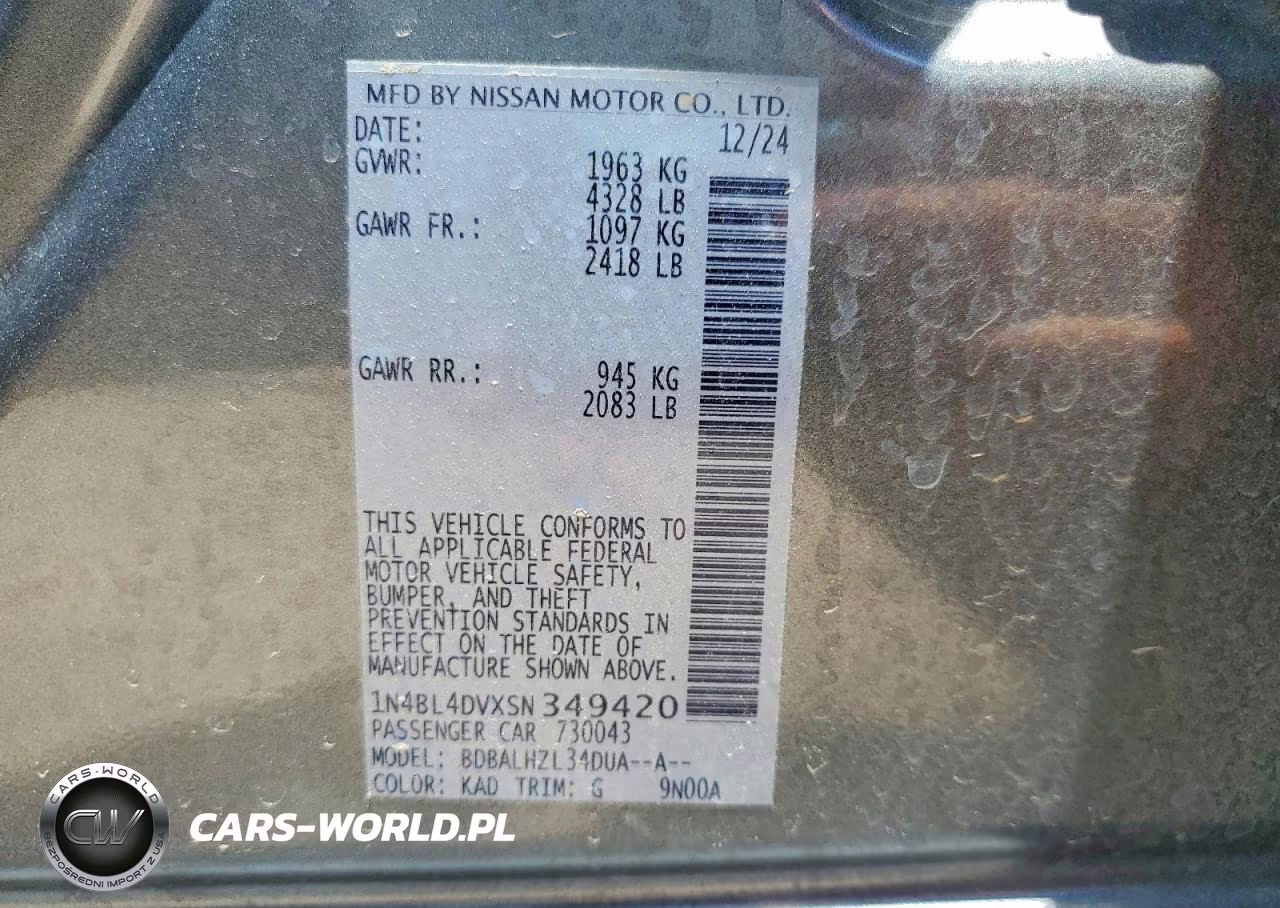 2025 Nissan Altima Sv VIN:1N4BL4DVXSN349420 - 12