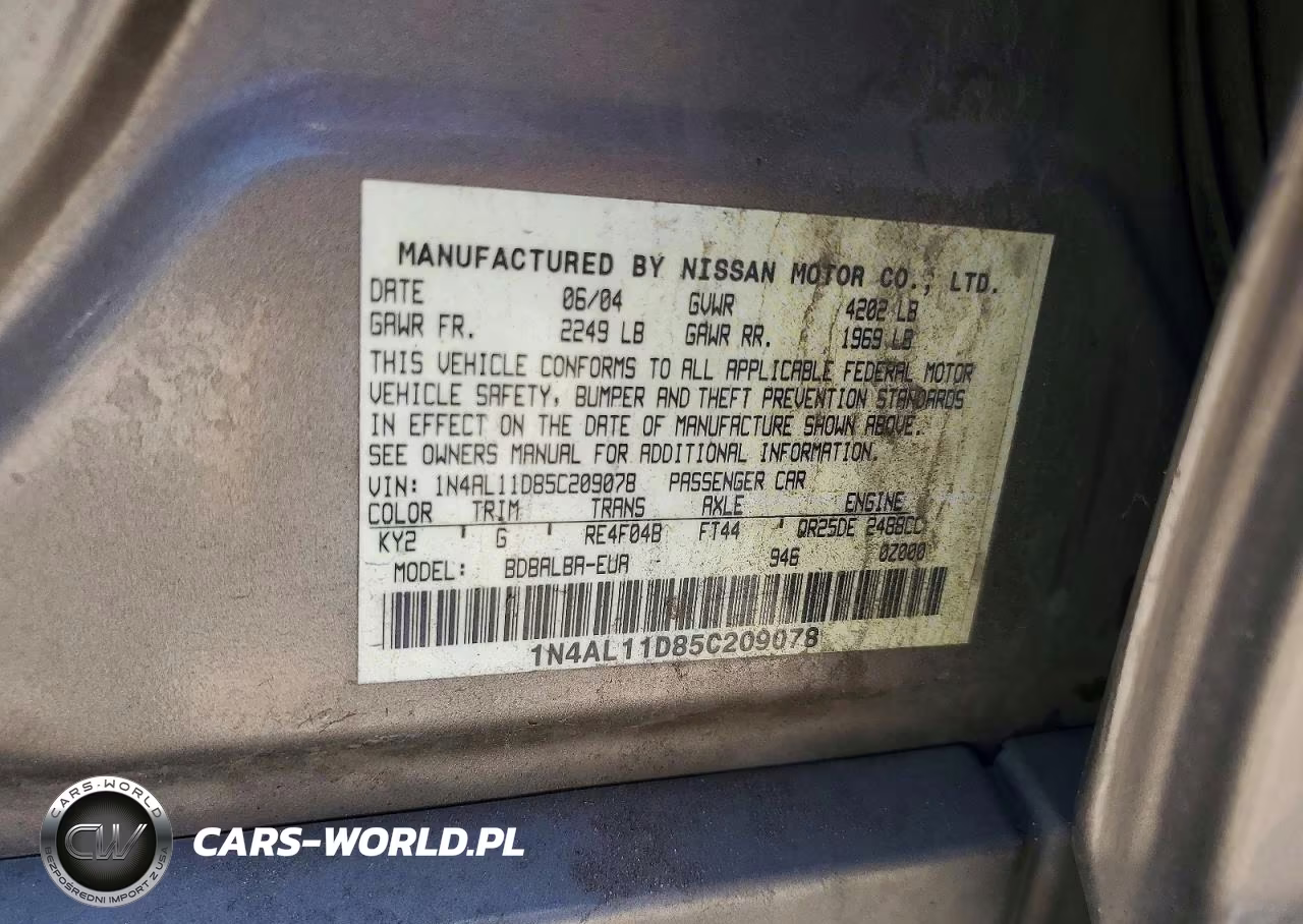 2005 Nissan Altima 2.5 VIN:1N4AL11D85C209078 - 12