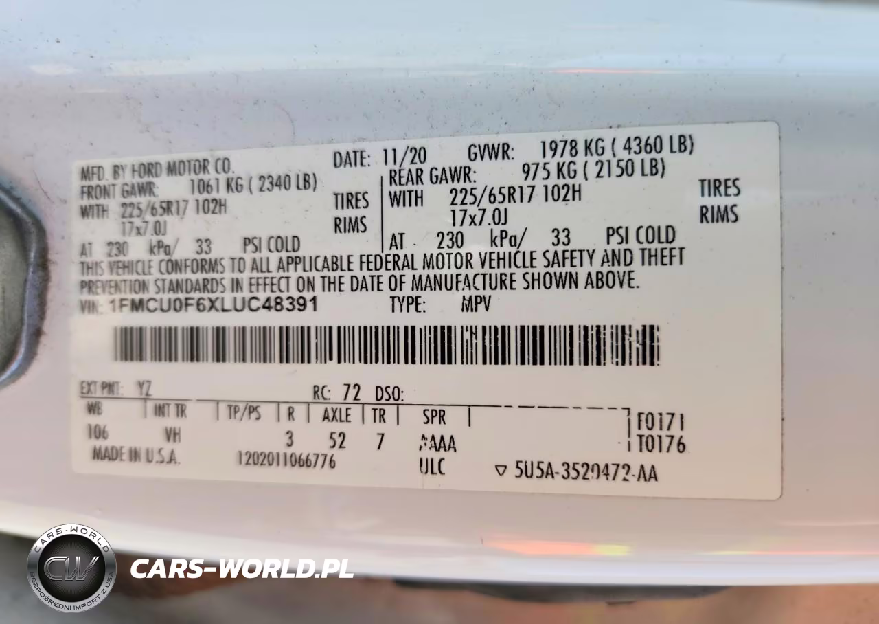2020 Ford Escape S VIN:1FMCU0F6XLUC48391 - 12