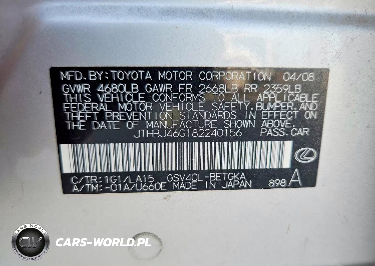 2008 Lexus Es 350 VIN:JTHBJ46G182240156 - 12