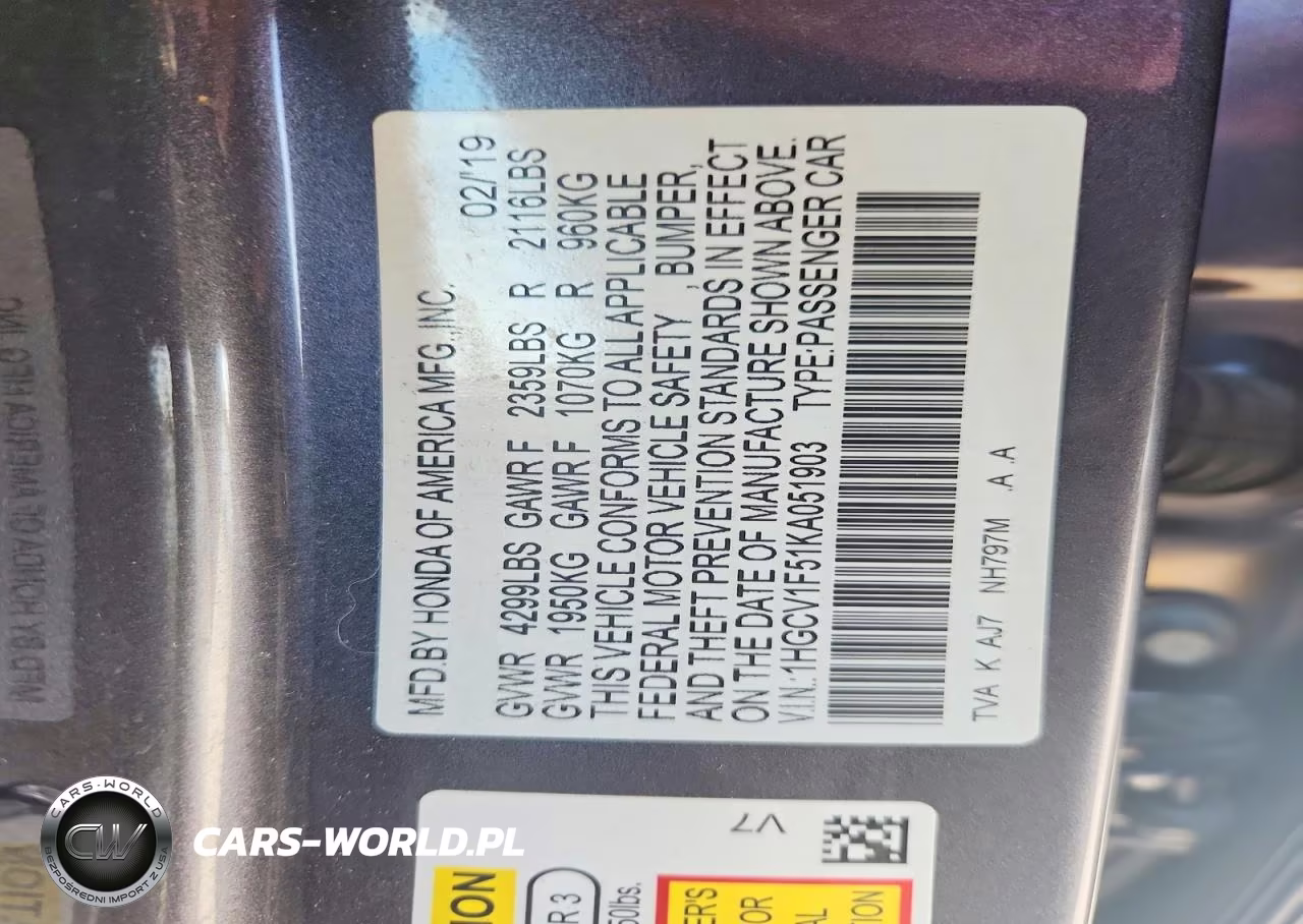 2019 Honda Accord Exl VIN:1HGCV1F51KA051903 - 12