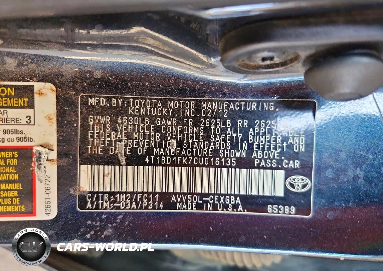 2012 Toyota Camry Hybrid Xle VIN:4T1BD1FK7CU016135 - 12