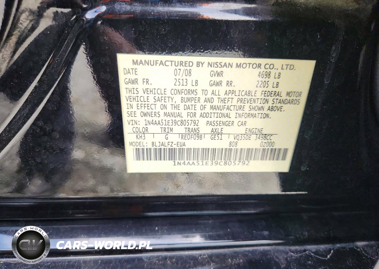2009 Nissan Maxima 3.5 S VIN:1N4AA51E39C805792 - 12
