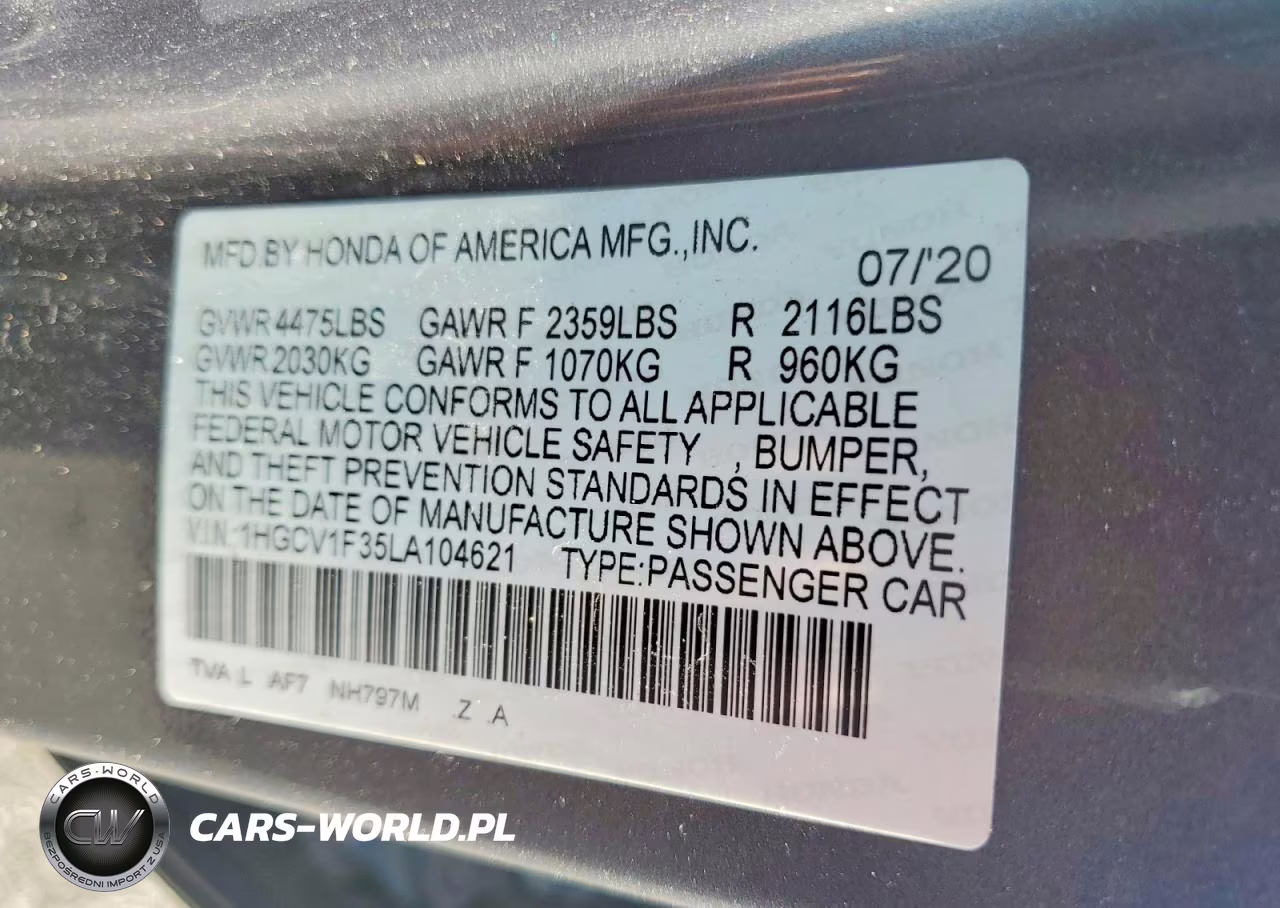 2020 Honda Accord Sport VIN:1HGCV1F35LA104621 - 12