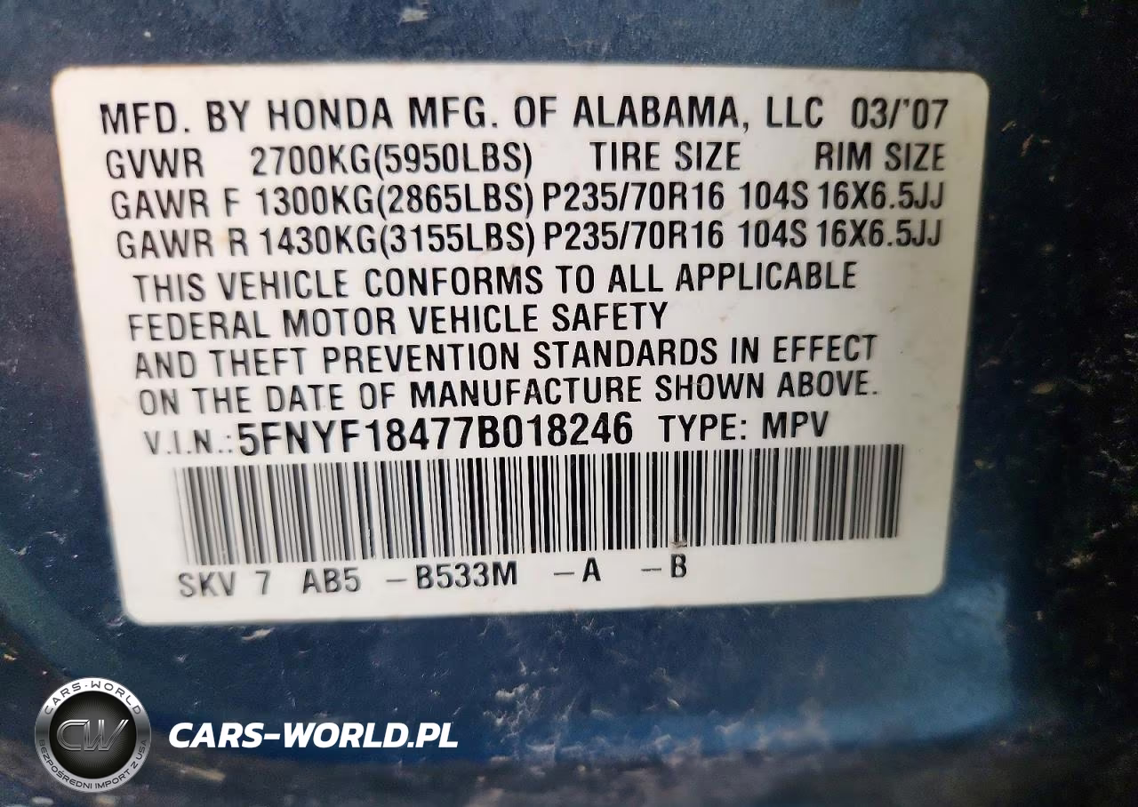 HONDA PILOT EX VIN:5FNYF18477B018246 - 13