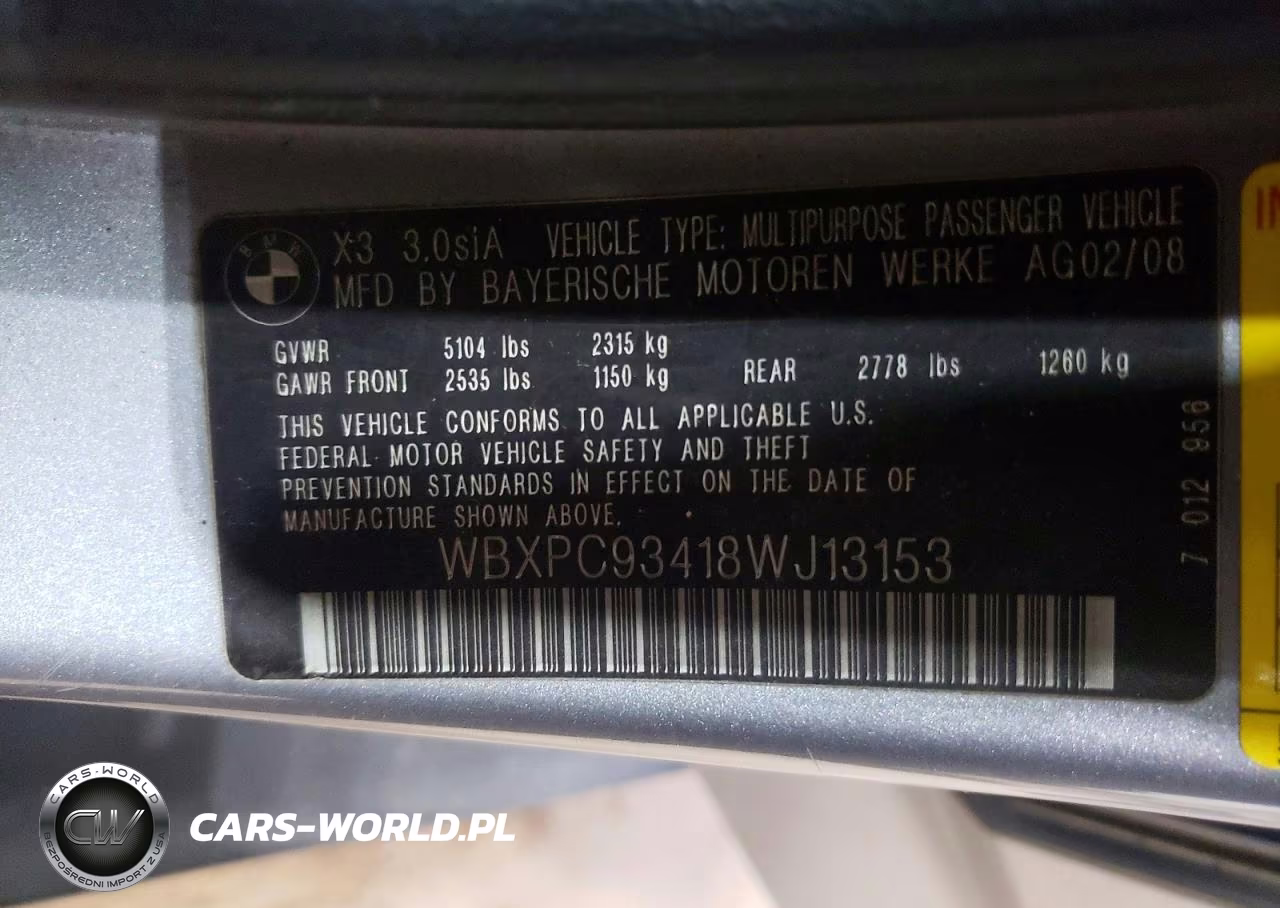 2008 BMW X3 3.0Si VIN:WBXPC93418WJ13153 - 13