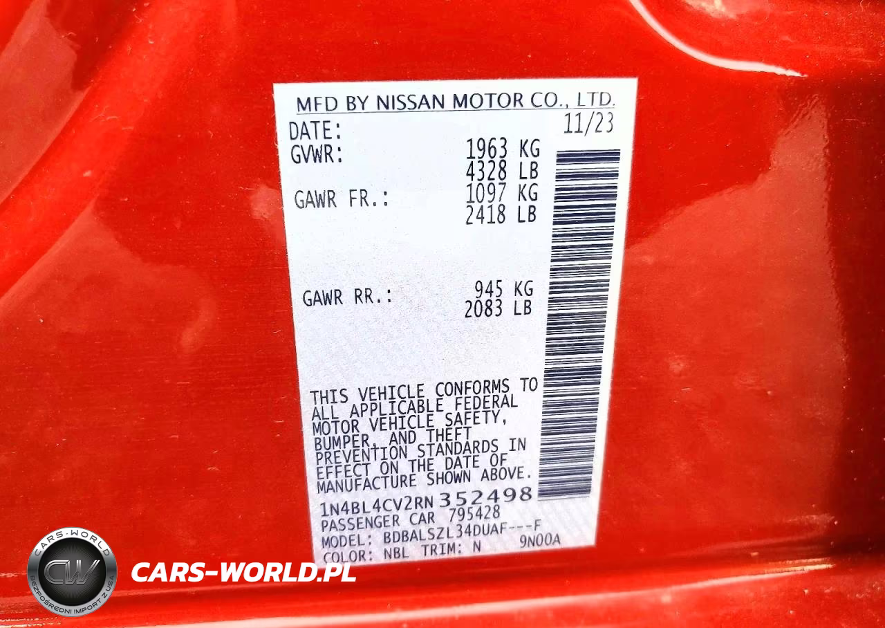 2024 Nissan Altima Sr VIN:1N4BL4CV2RN352498 - 12