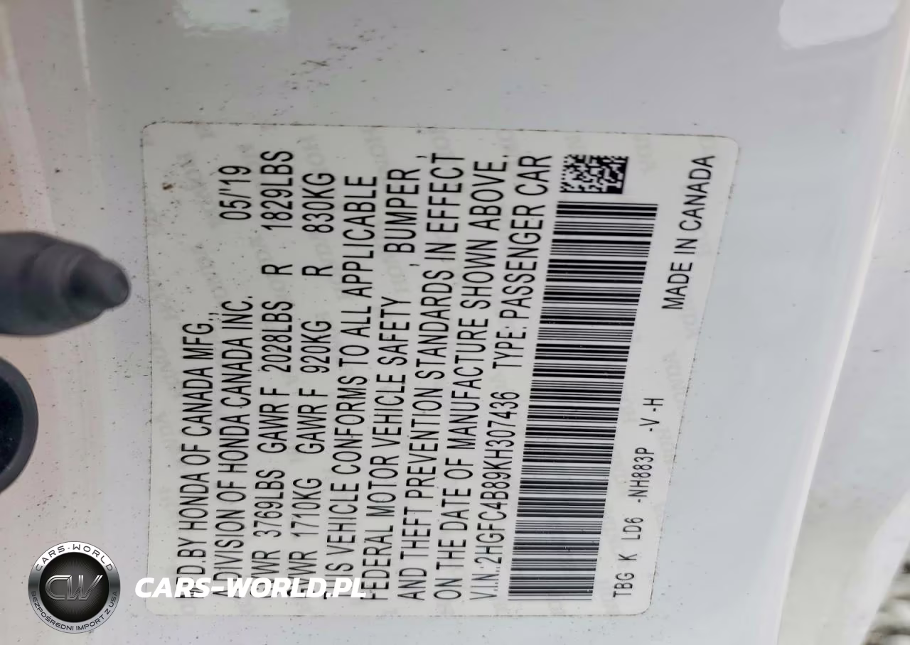 2019 Honda Civic Sport VIN:2HGFC4B89KH307436 - 13