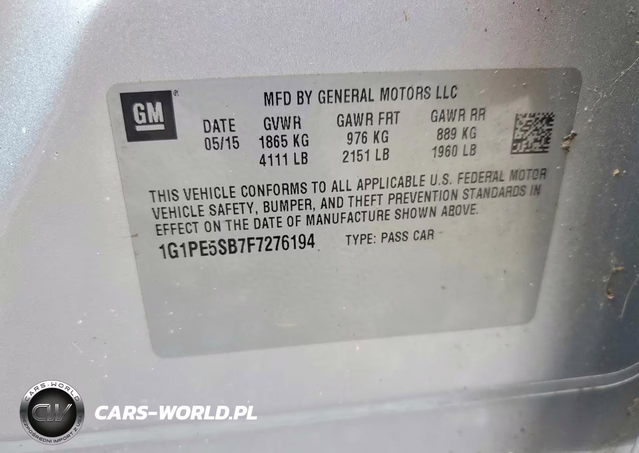 2015 Chevrolet Cruze Lt VIN:1G1PE5SB7F7276194 - 12