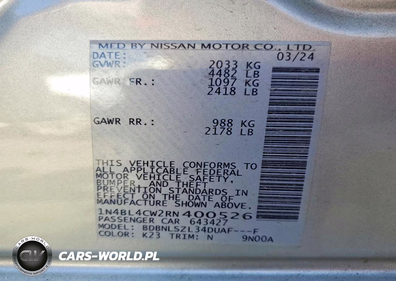 2024 Nissan Altima Sr VIN:1N4BL4CW2RN400526 - 12