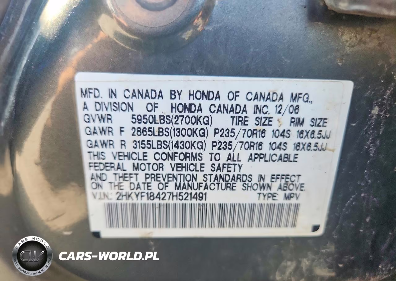 2007 Honda Pilot Ex VIN:2HKYF18427H521491 - 12