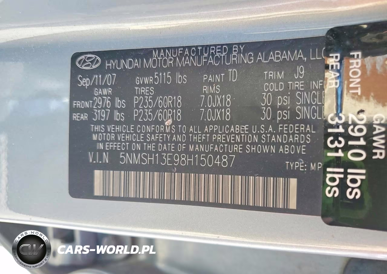 2008 Hyundai Santa Fe Se VIN:5NMSH13E98H150487 - 13