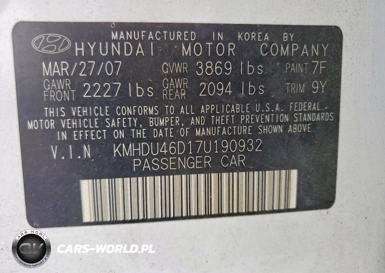 2007 Hyundai Elantra Gls VIN:KMHDU46D17U190932 - 12