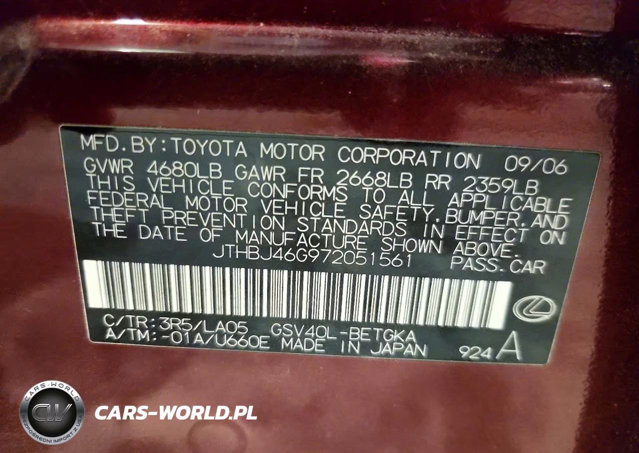 2007 Lexus Es 350 VIN:JTHBJ46G972051561 - 12