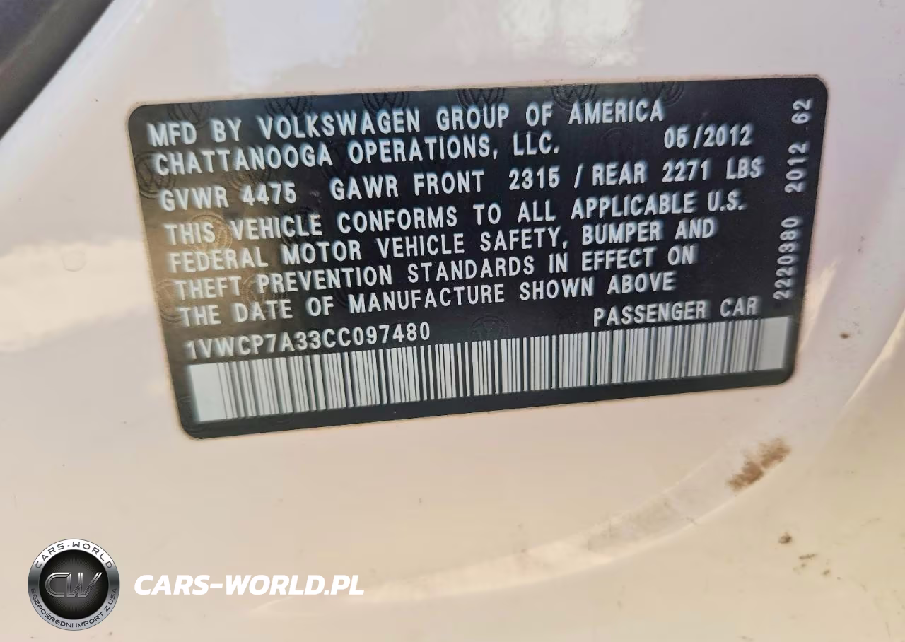 2012 Volkswagen Passat Sel VIN:1VWCP7A33CC097480 - 12