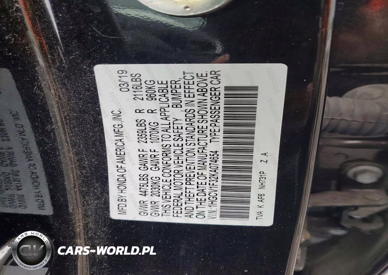 2019 Honda Accord Sport VIN:1HGCV1F32KA074654 - 12