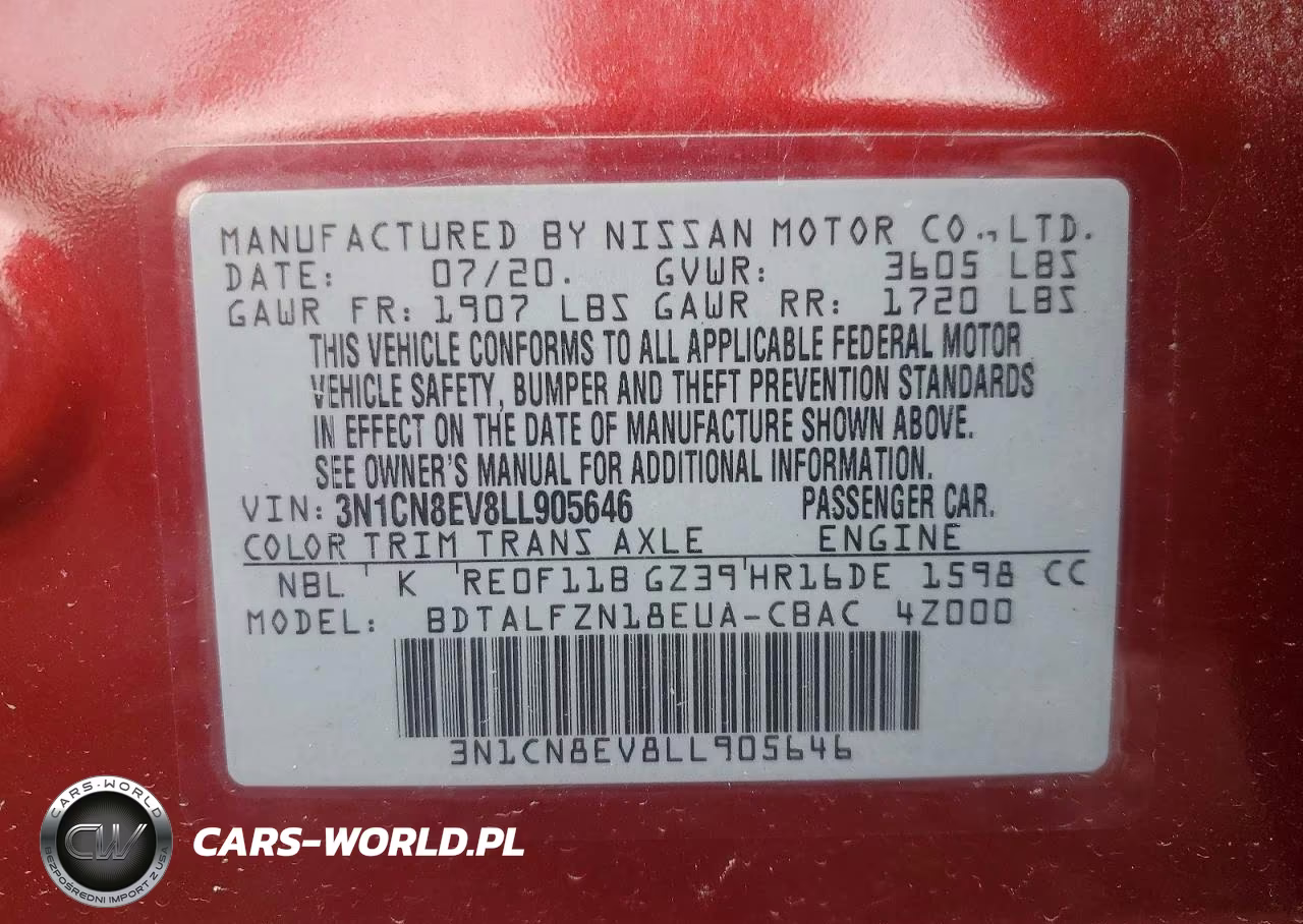 2020 Nissan Versa Sv VIN:3N1CN8EV8LL905646 - 13