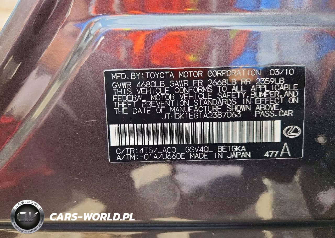 2010 Lexus Es 350 VIN:JTHBK1EG1A2387063 - 12