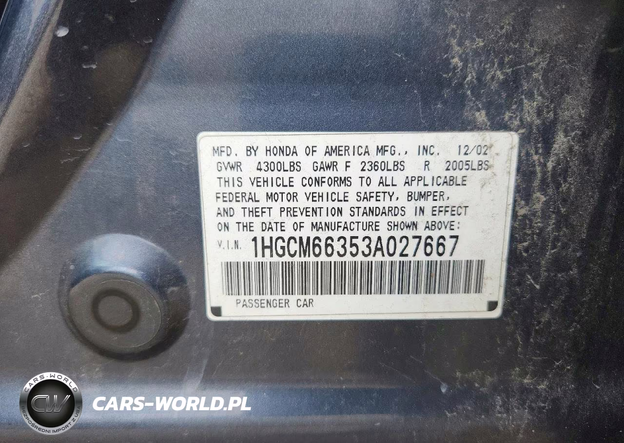 2003 Honda Accord Lx VIN:1HGCM66353A027667 - 12