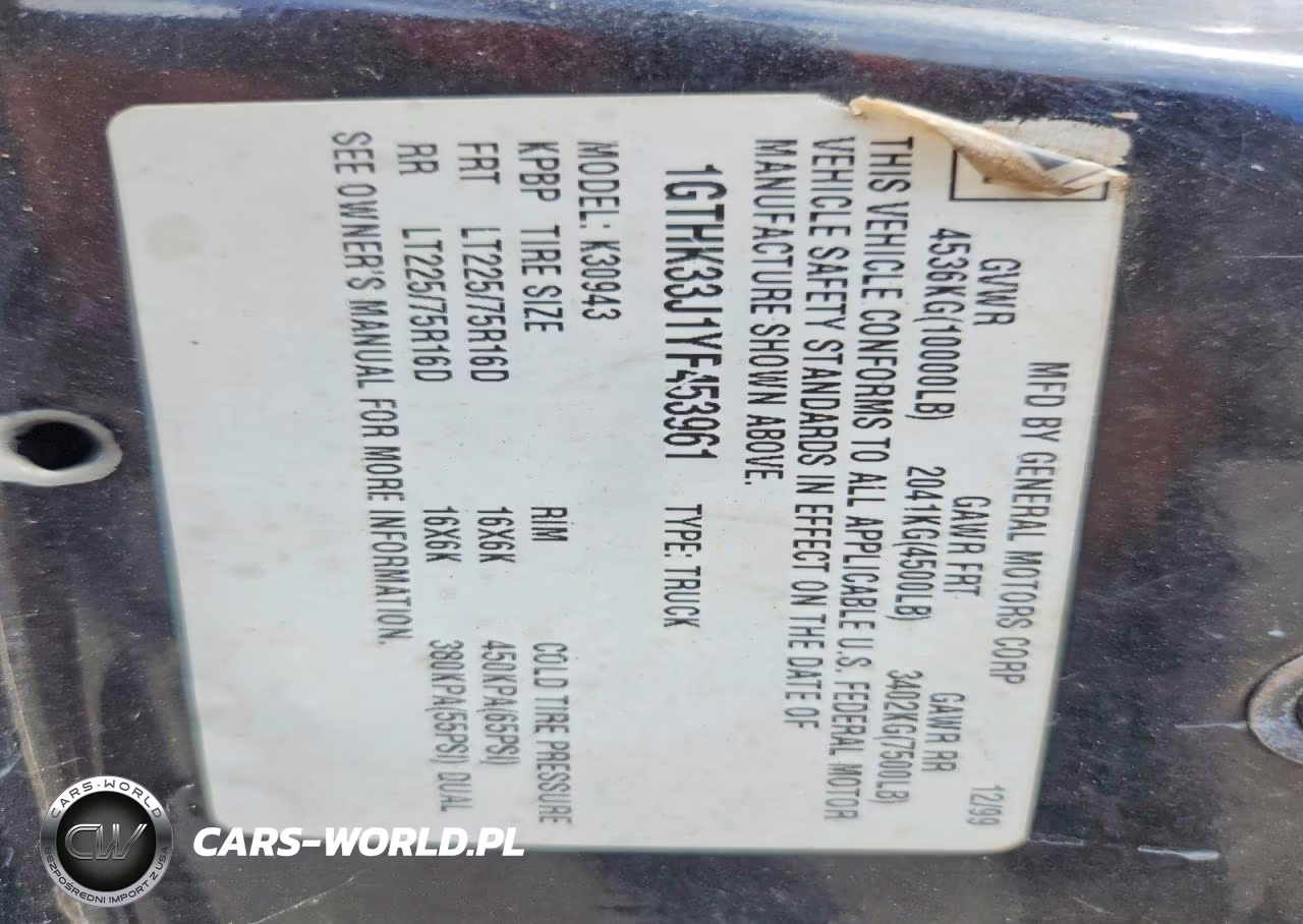 2000 GMC Sierra K3500 VIN:1GTHK33J1YF453961 - 12