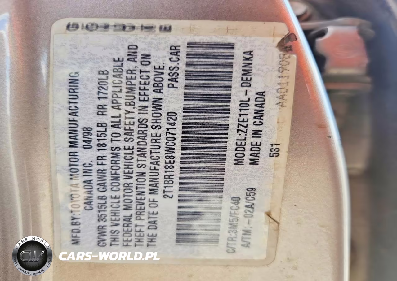 1998 Toyota Corolla Ve VIN:2T1BR18E8WC071420 - 12