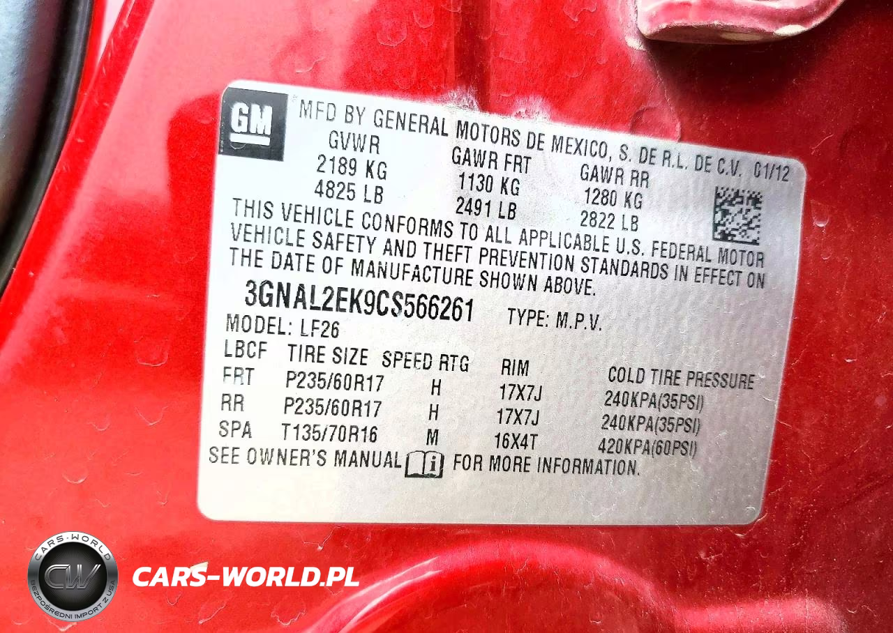 2012 Chevrolet Captiva Sport VIN:3GNAL2EK9CS566261 - 13